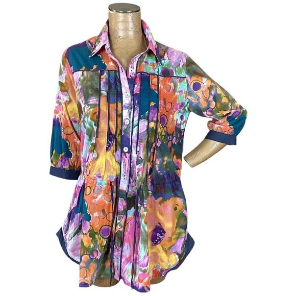 Bold Watercolor Button Down Pleated Tunic Top Tie Waist Sz XL Kings County #270B - Picture 3 of 9